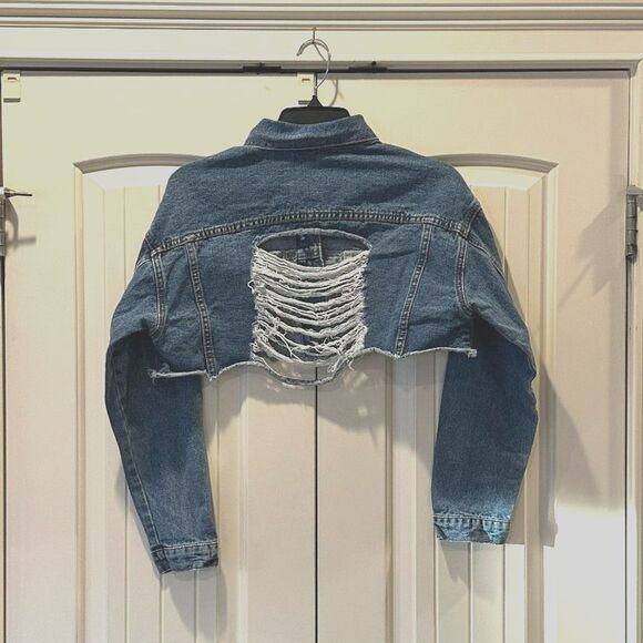 Women's American Bazi Los Angeles Distressed Blue Jean Cropped Jacket Size S - Picture 2 of 2